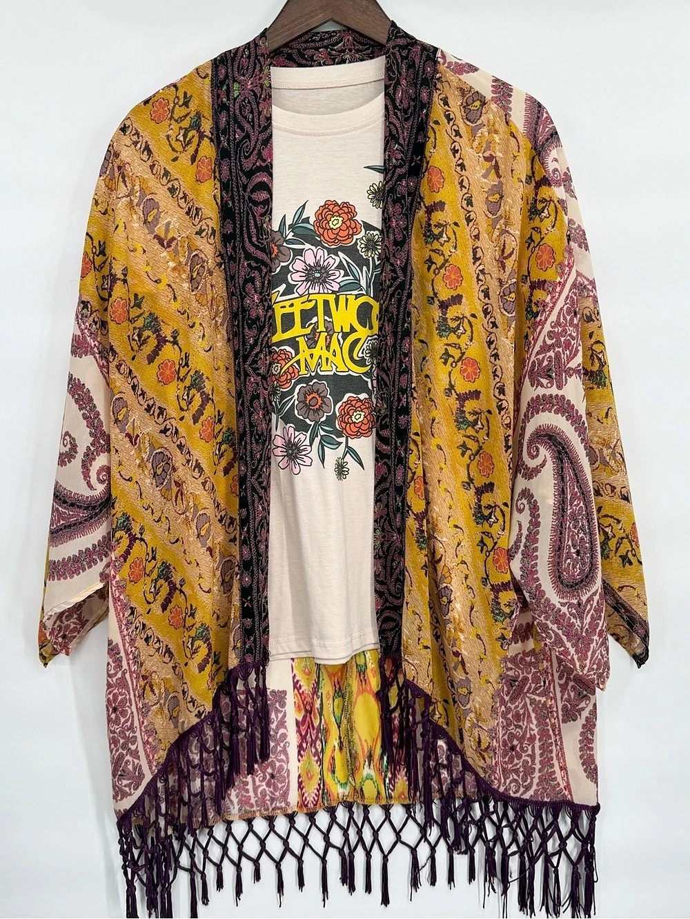 Fleetwood Mac Graphic Tee + Paisley Fringe Kimono Two Piece Boho Bundle